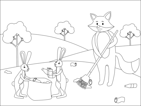 Fox And Rabbits Picking Up The Trash Coloring Page